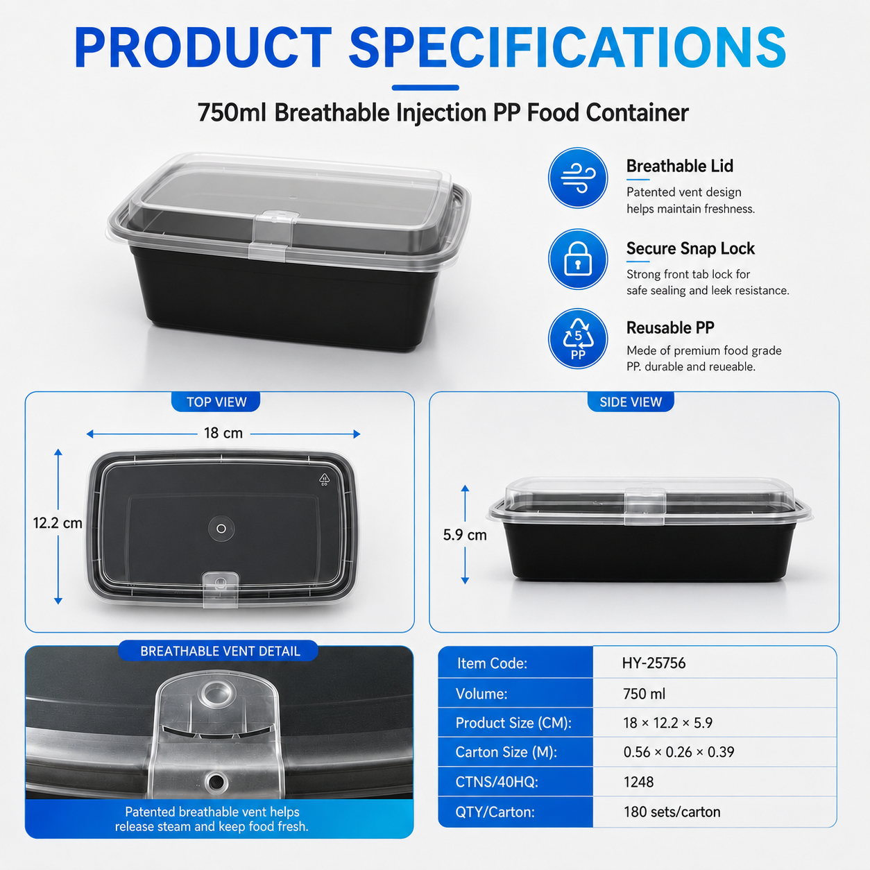 HY-25756 750ml Vented Lid Injection Molded PP Food Container for Takeaway